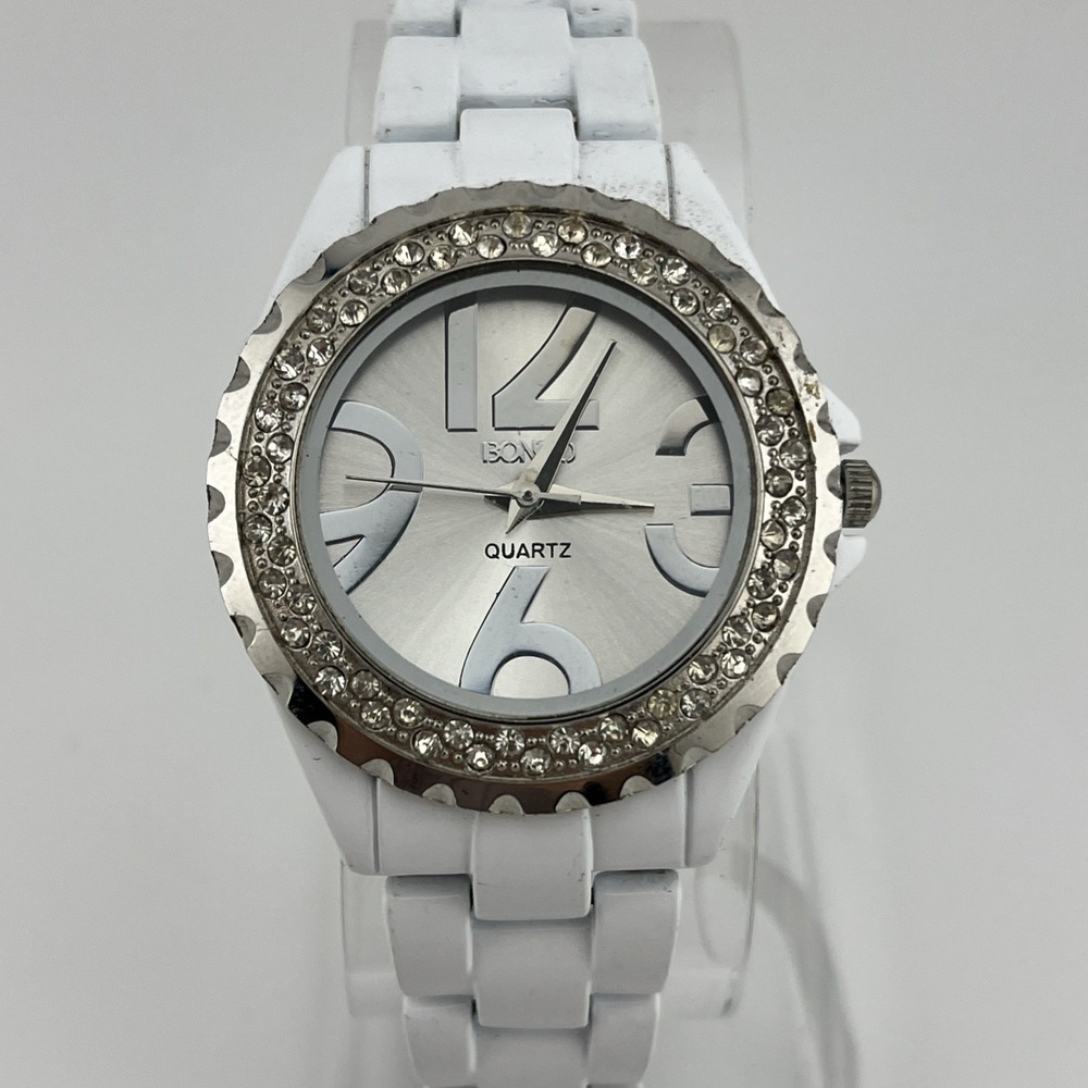 Bongo Watch Women 36mm Case Crystal Bezel 7.25" White Band- New Battery